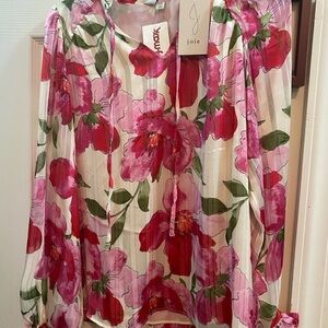 Joie Floral V-Neck Blouse in Pink, Red & Cream
